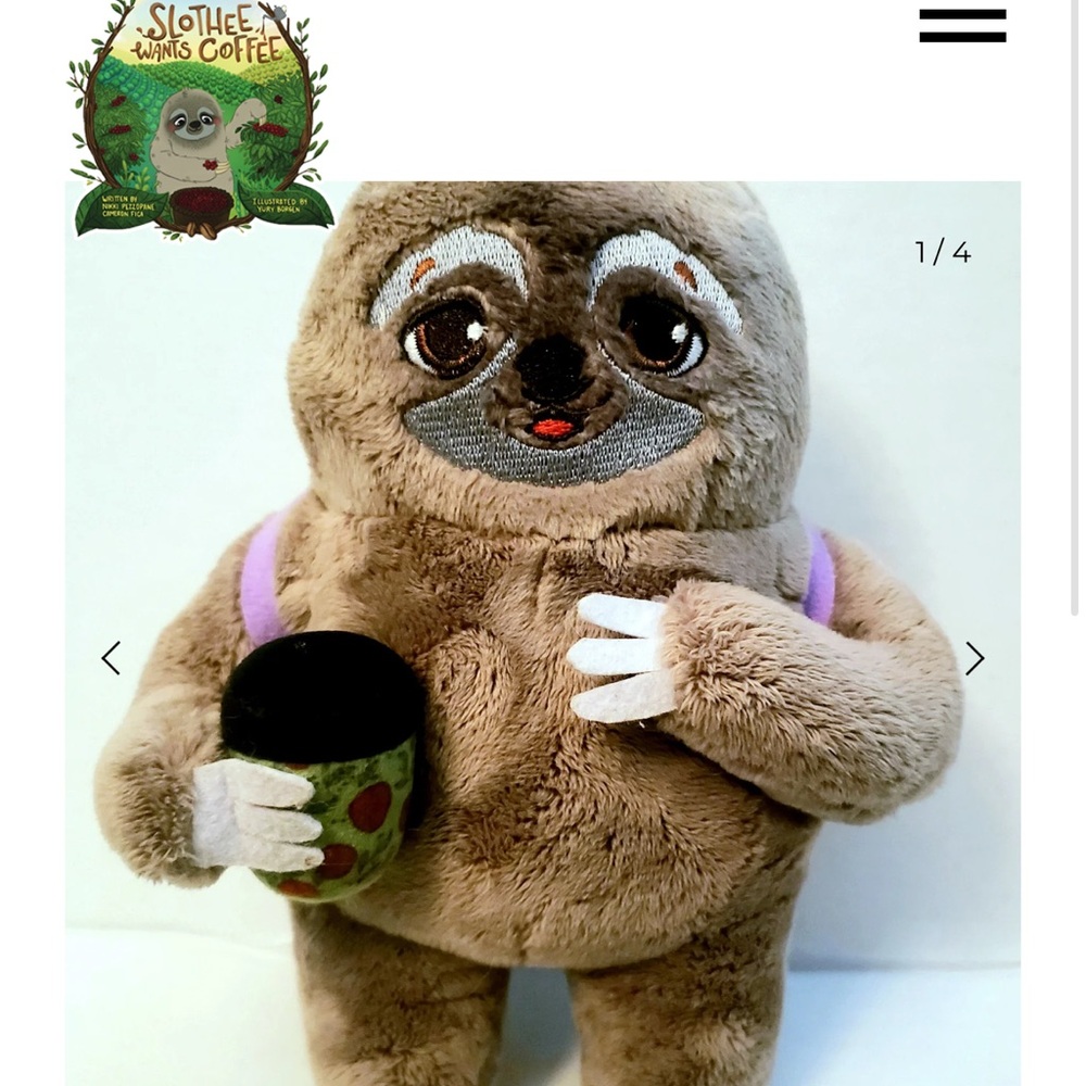 NWOT Sloth Wants Coffee Plush Toy with Coffee Cup and Backpack